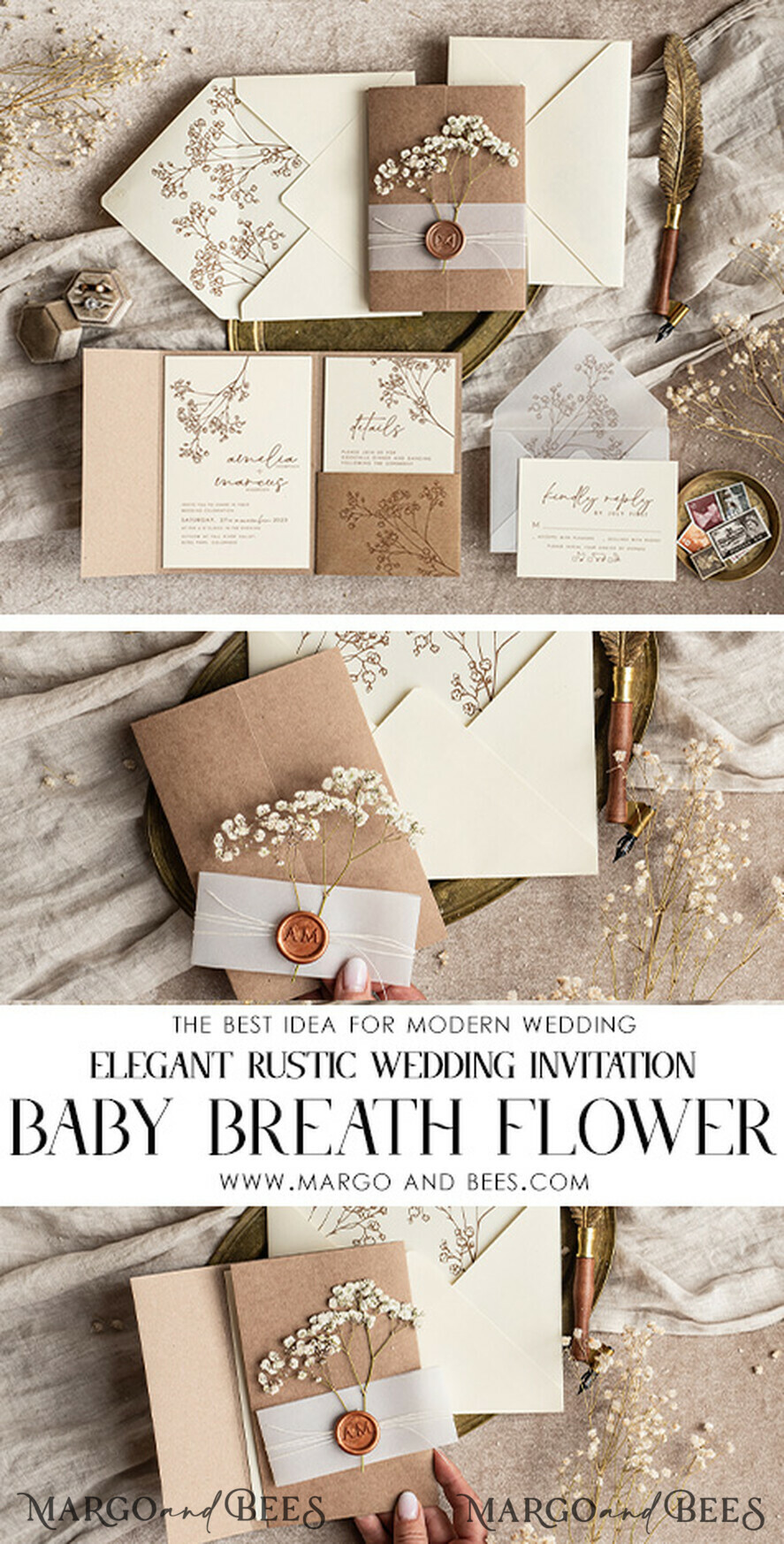 WEDDING INVITATIONS rustic / country / shabby chick Natural baby breath flowers wedding invitation suite, Minimalistic rustical wedding invitations set, eco invitation set, Beige Modern boho wedding invites