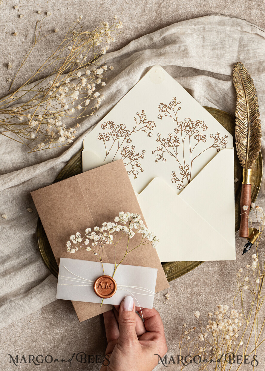 WEDDING INVITATIONS rustic / country / shabby chick Natural baby breath flowers wedding invitation suite, Minimalistic rustical wedding invitations set, eco invitation set, Beige Modern boho wedding invites