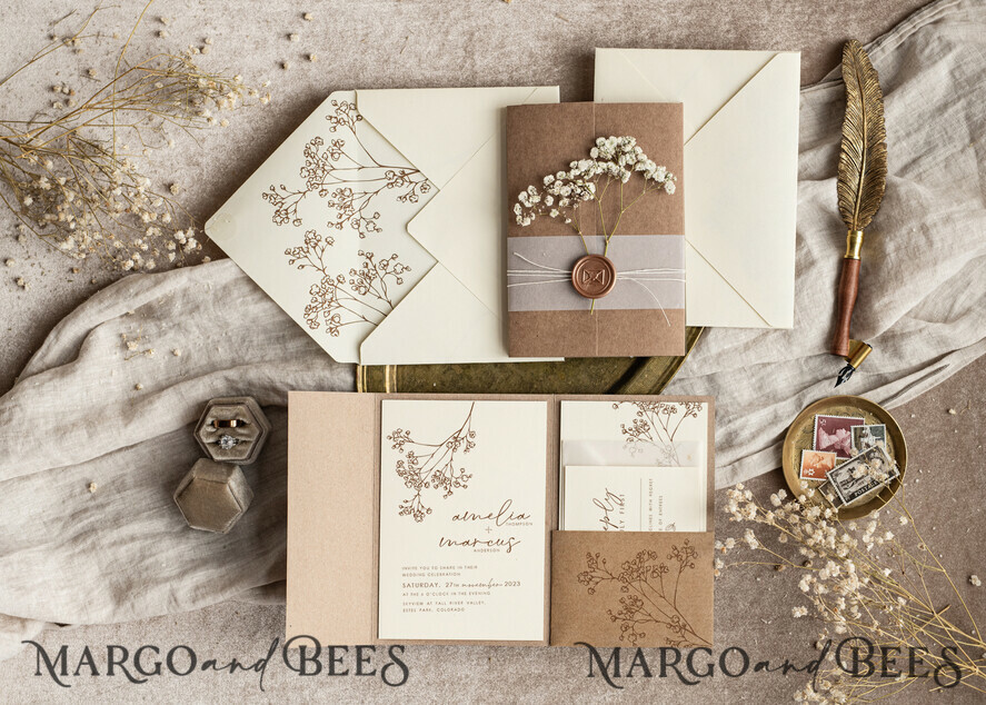 WEDDING INVITATIONS rustic / country / shabby chick Natural baby breath flowers wedding invitation suite, Minimalistic rustical wedding invitations set, eco invitation set, Beige Modern boho wedding invites