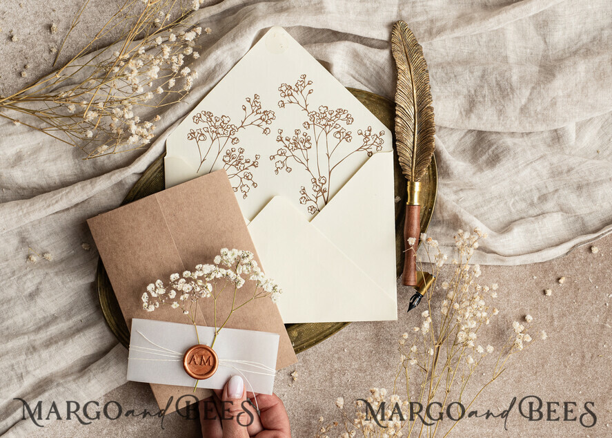WEDDING INVITATIONS rustic / country / shabby chick Natural baby breath flowers wedding invitation suite, Minimalistic rustical wedding invitations set, eco invitation set, Beige Modern boho wedding invites