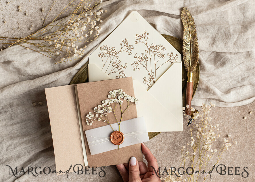 WEDDING INVITATIONS rustic / country / shabby chick Natural baby breath flowers wedding invitation suite, Minimalistic rustical wedding invitations set, eco invitation set, Beige Modern boho wedding invites