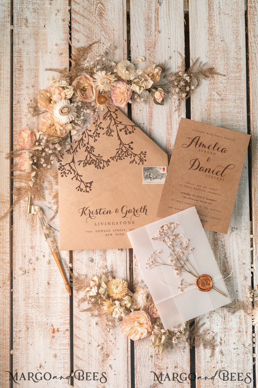 WEDDING INVITATIONS rustic / country / shabby chick Rustic Wedding Invitations Uk Real Gypsophila Vellum Wrap with Wax Seal Baby Breath Flowers on HandMade Envelope