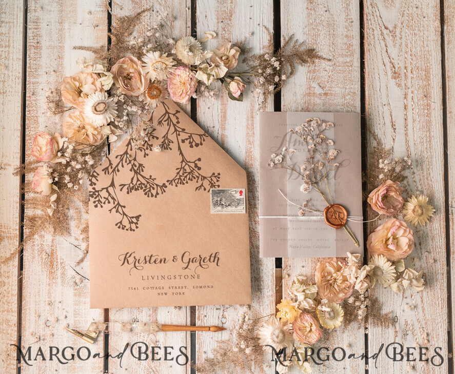WEDDING INVITATIONS rustic / country / shabby chick Rustic Wedding Invitations Uk Real Gypsophila Vellum Wrap with Wax Seal Baby Breath Flowers on HandMade Envelope