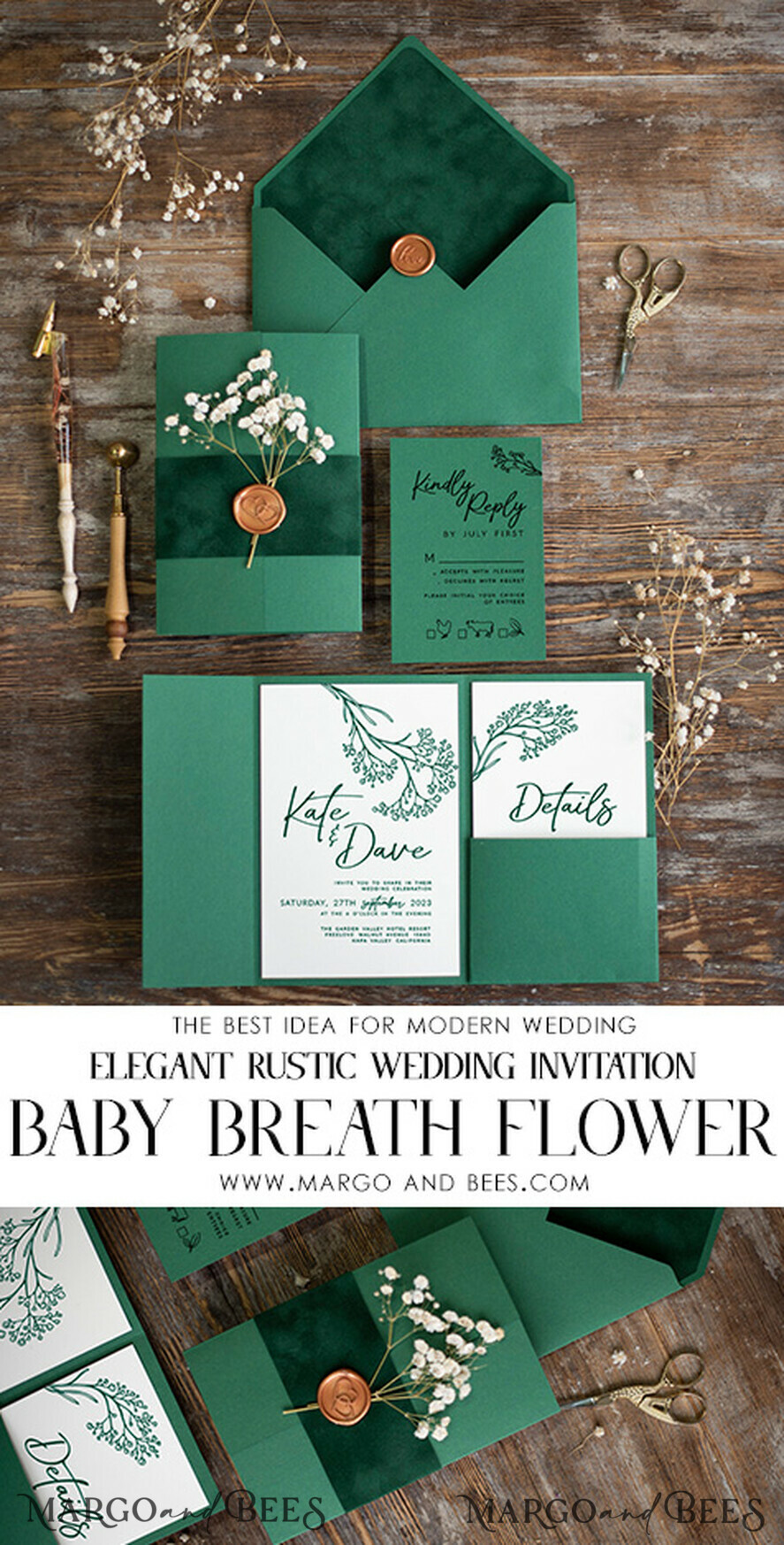 WEDDING INVITATIONS rustic / country / shabby chick Emerald Green wedding Invitation suite, Greenery Velvet invitations set, Modern boho invites set with real baby breath flowers 