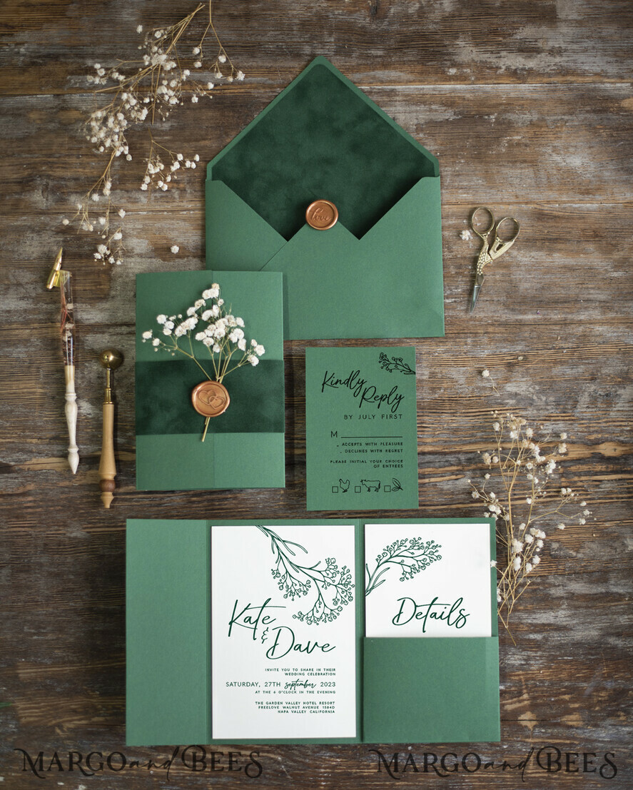 WEDDING INVITATIONS rustic / country / shabby chick Emerald Green wedding Invitation suite, Greenery Velvet invitations set, Modern boho invites set with real baby breath flowers 