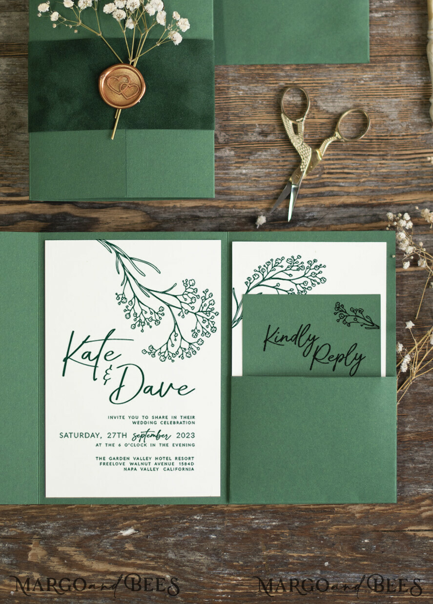 WEDDING INVITATIONS rustic / country / shabby chick Emerald Green wedding Invitation suite, Greenery Velvet invitations set, Modern boho invites set with real baby breath flowers 