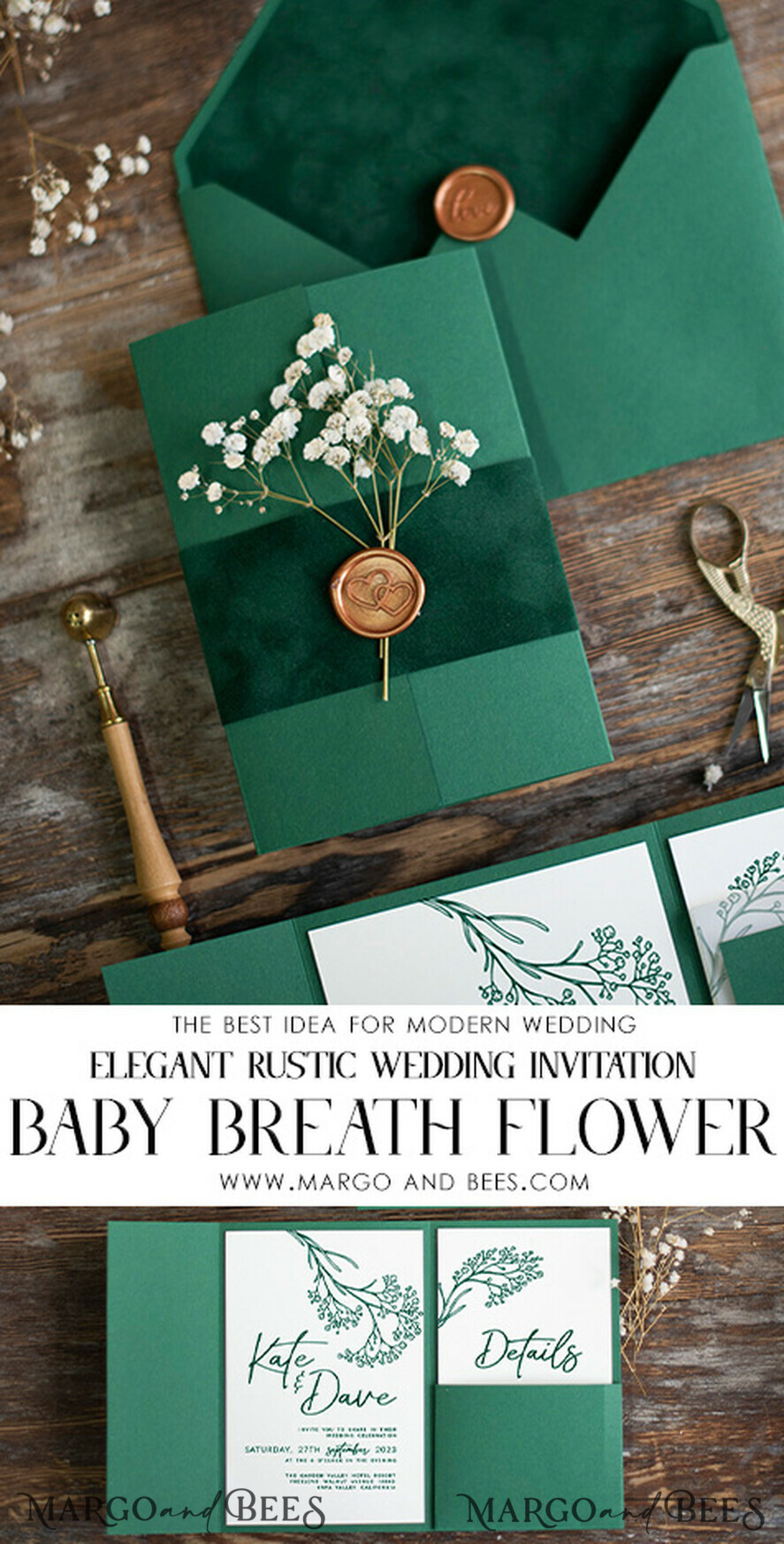 WEDDING INVITATIONS rustic / country / shabby chick Emerald Green wedding Invitation suite, Greenery Velvet invitations set, Modern boho invites set with real baby breath flowers 