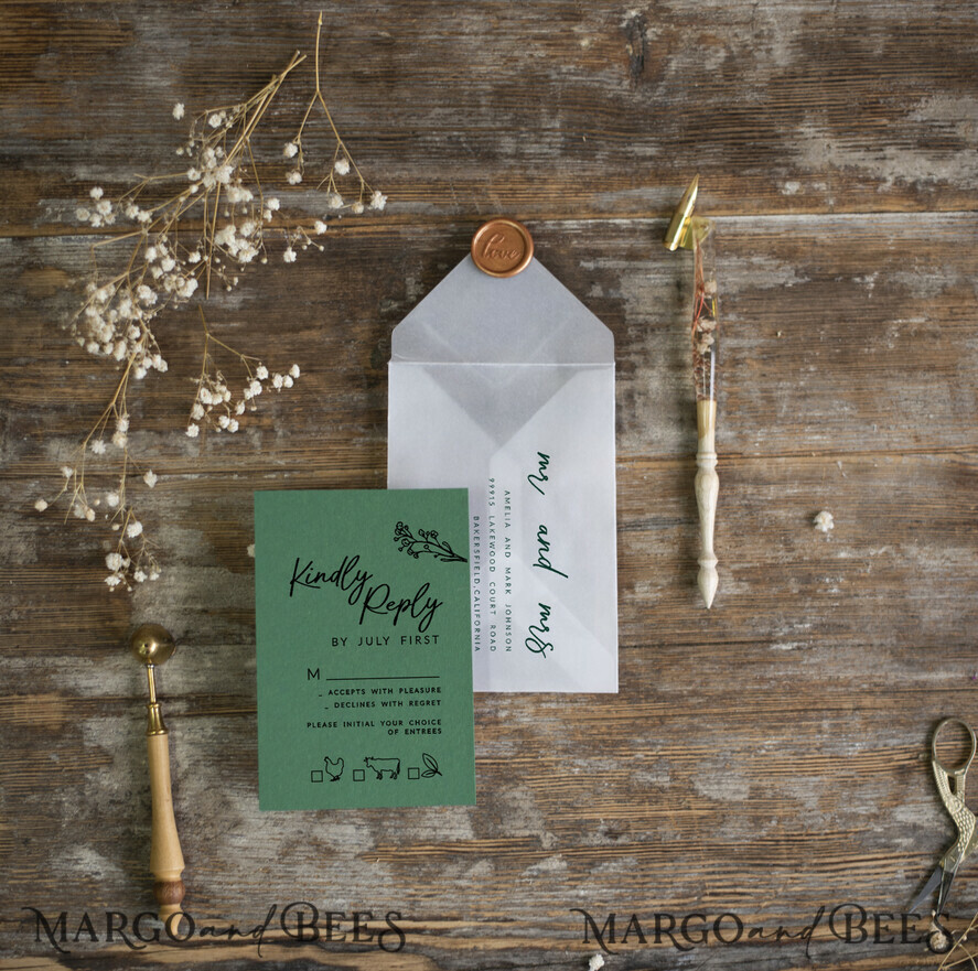 WEDDING INVITATIONS rustic / country / shabby chick Emerald Green wedding Invitation suite, Greenery Velvet invitations set, Modern boho invites set with real baby breath flowers 