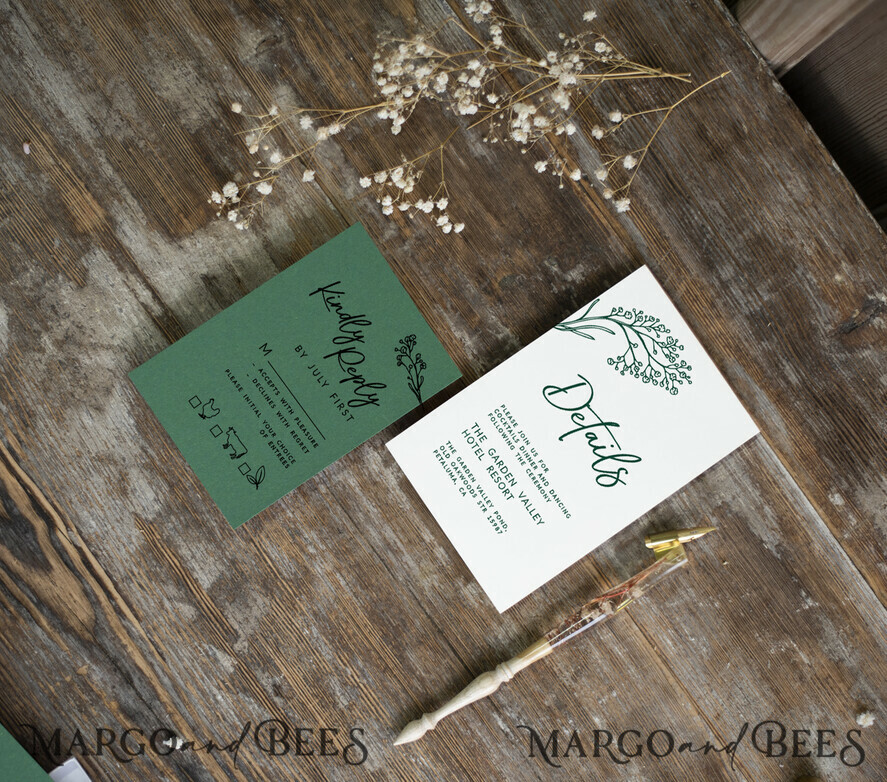 WEDDING INVITATIONS rustic / country / shabby chick Emerald Green wedding Invitation suite, Greenery Velvet invitations set, Modern boho invites set with real baby breath flowers 