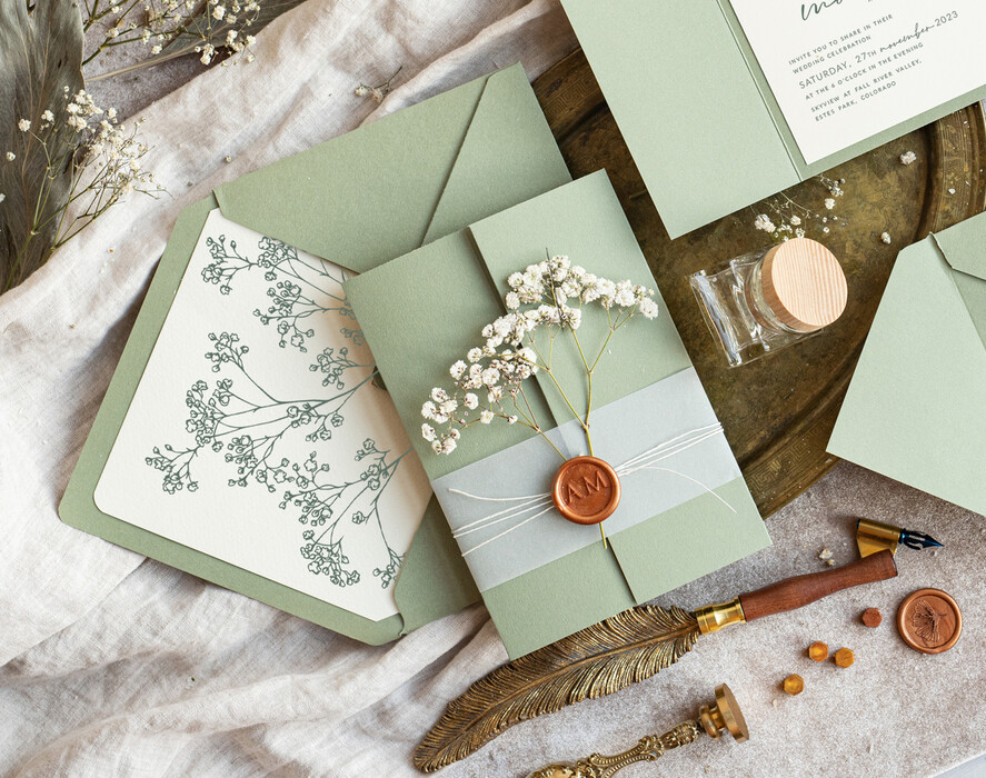 WEDDING INVITATIONS rustic / country / shabby chick Sage green wedding inviation set Natural baby breath flower wedding invitations suite Modern boho wedding invites Grarden Wedding