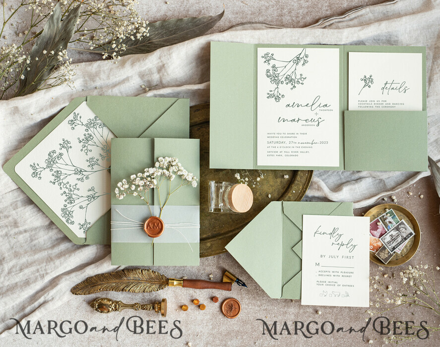 WEDDING INVITATIONS rustic / country / shabby chick Sage green wedding inviation set Natural baby breath flower wedding invitations suite Modern boho wedding invites Grarden Wedding