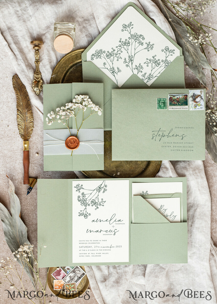 WEDDING INVITATIONS rustic / country / shabby chick Sage green wedding inviation set Natural baby breath flower wedding invitations suite Modern boho wedding invites Grarden Wedding