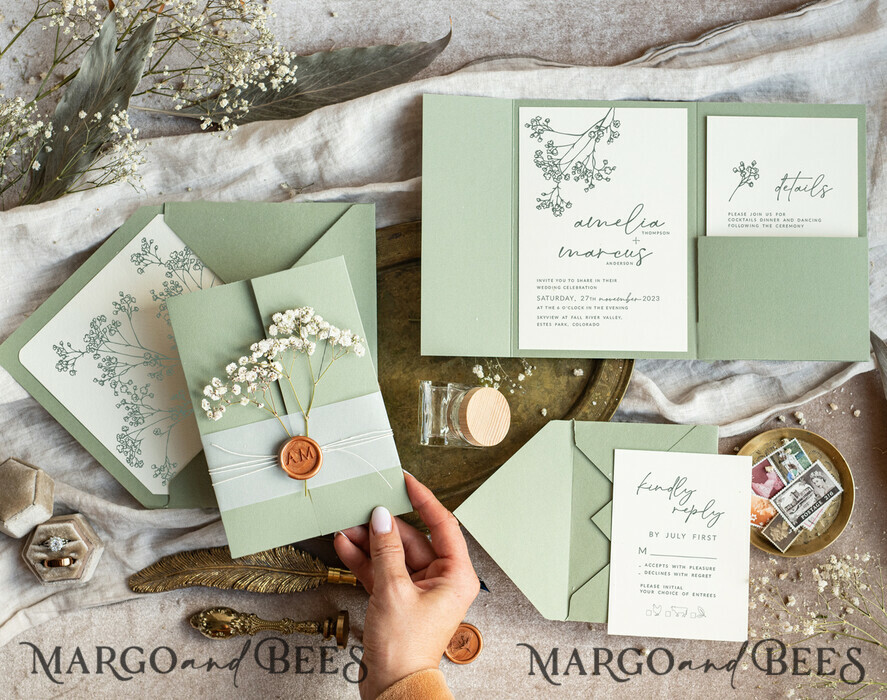 WEDDING INVITATIONS rustic / country / shabby chick Sage green wedding inviation set Natural baby breath flower wedding invitations suite Modern boho wedding invites Grarden Wedding