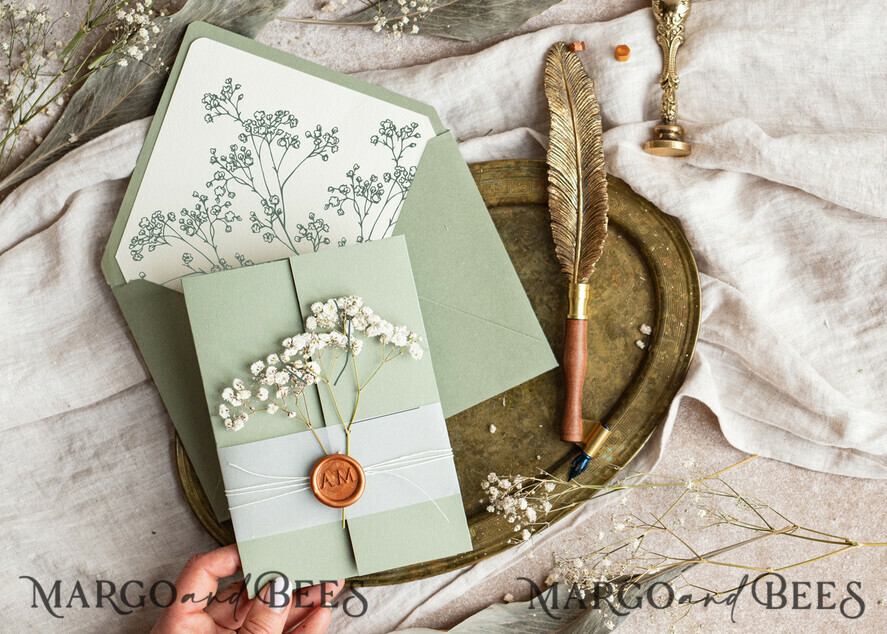 WEDDING INVITATIONS rustic / country / shabby chick Sage green wedding inviation set Natural baby breath flower wedding invitations suite Modern boho wedding invites Grarden Wedding