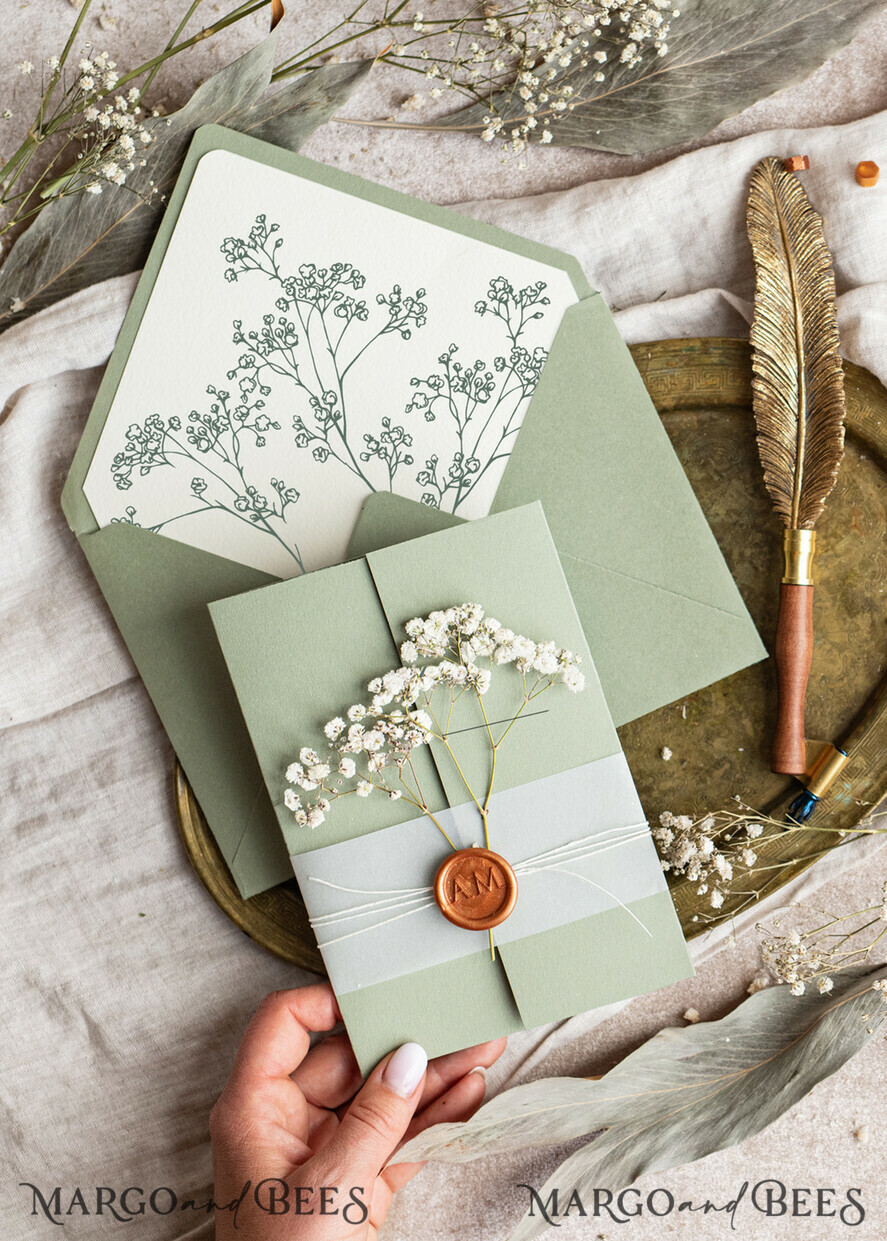 WEDDING INVITATIONS rustic / country / shabby chick Sage green wedding inviation set Natural baby breath flower wedding invitations suite Modern boho wedding invites Grarden Wedding