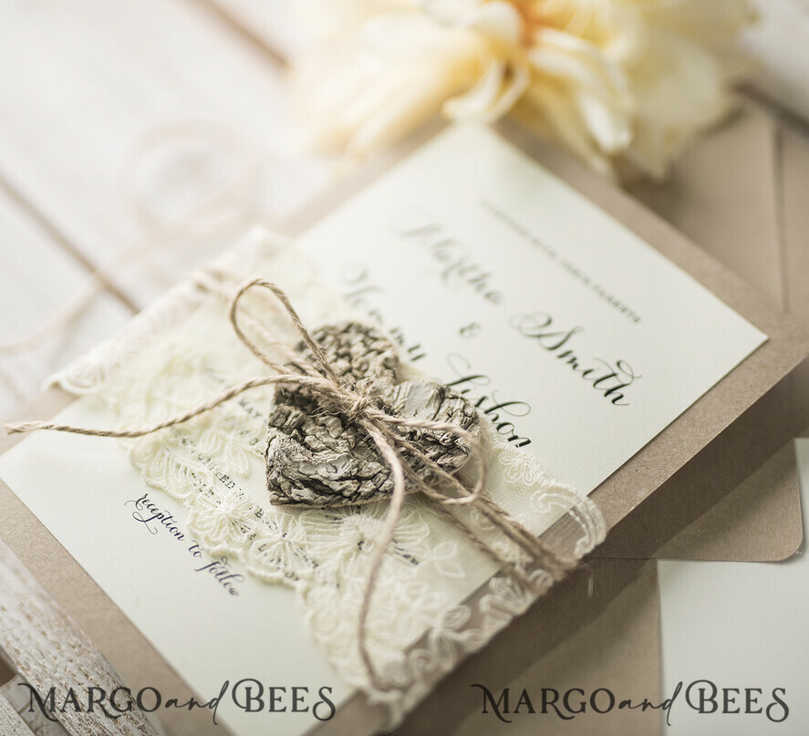 WEDDING INVITATIONS rustic / country / shabby chick Rustic Wedding invitations with Vintage Lace and Woden Heart Craft Envelope Simple Elegant Stationery 