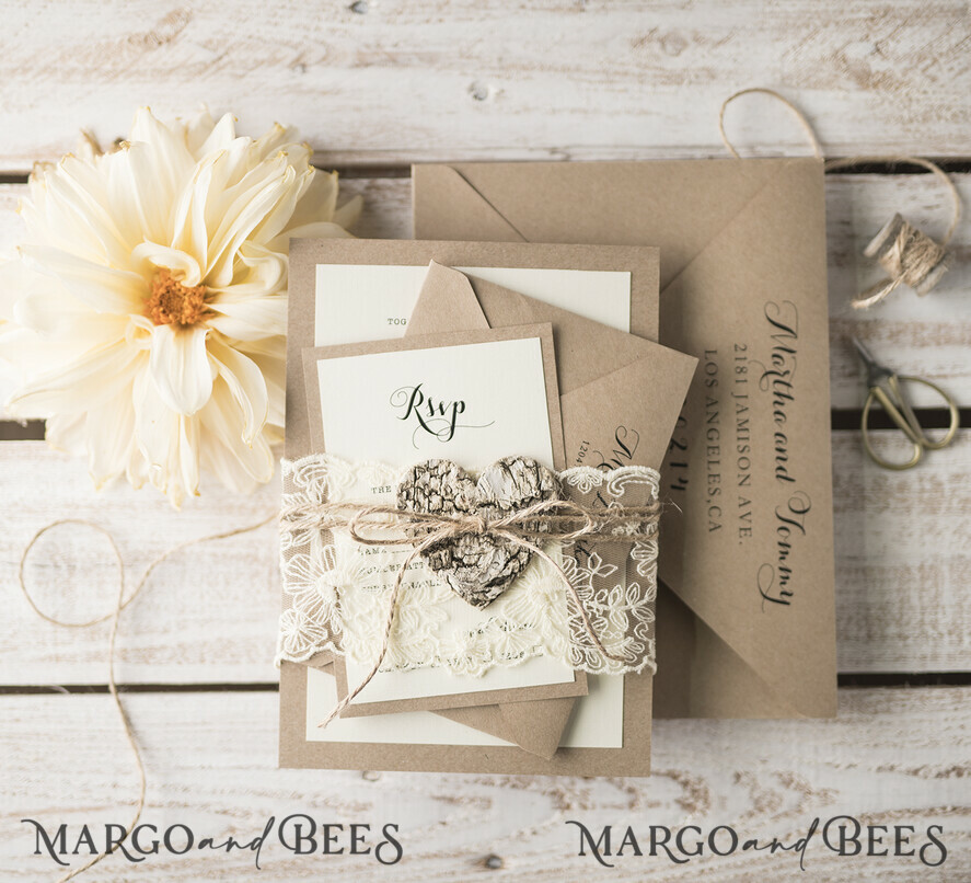 WEDDING INVITATIONS rustic / country / shabby chick Rustic Wedding invitations with Vintage Lace and Woden Heart Craft Envelope Simple Elegant Stationery 