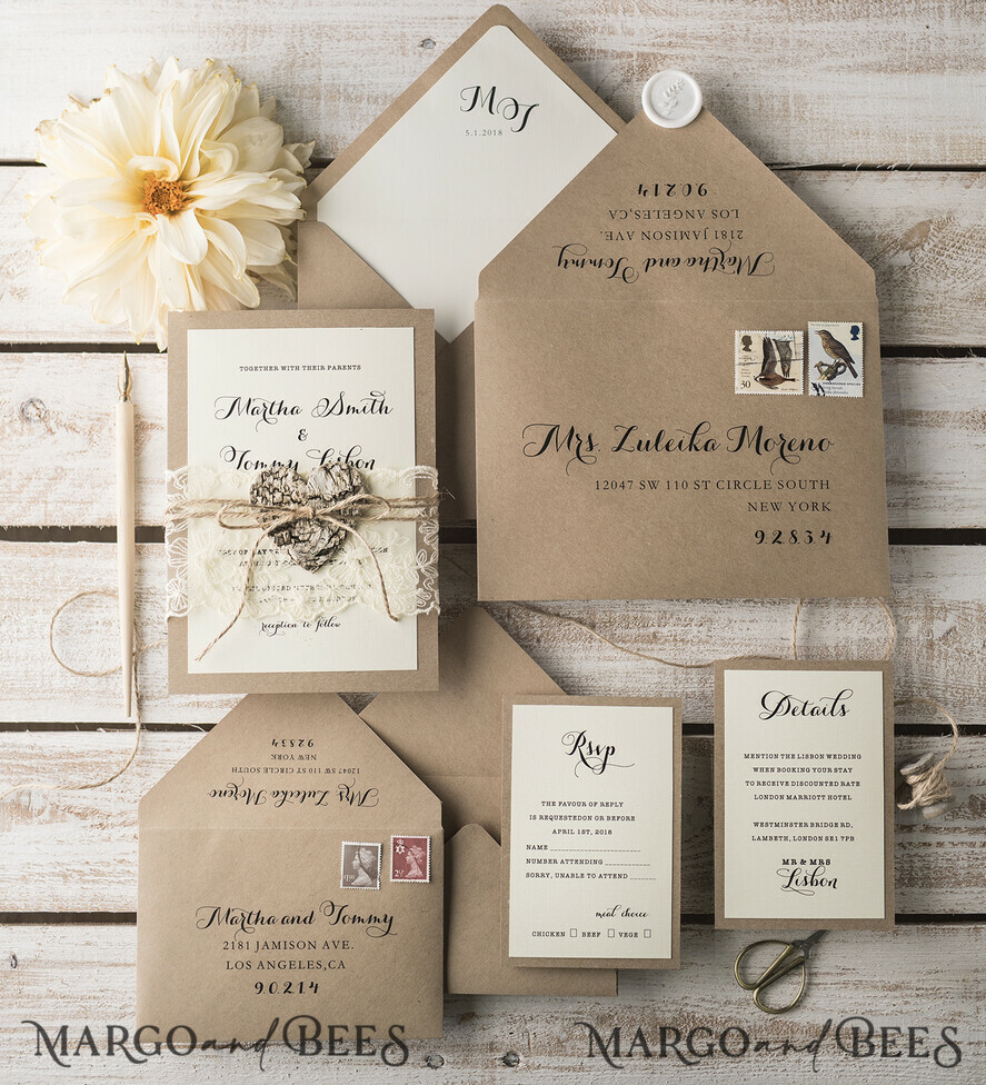 WEDDING INVITATIONS rustic / country / shabby chick Rustic Wedding invitations with Vintage Lace and Woden Heart Craft Envelope Simple Elegant Stationery 