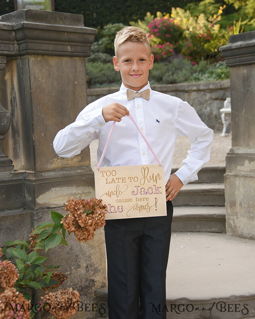 FLOWER GIRL / Page Boy SIGNS wood too late to run uncle cause here she comes Personalised wooden wedding sign, Wooden Page boy sign, Wood Engraved flower girl sign, flower girl wedding day sign, rustic wedding decor for flower girl, daddy here comes mummy, here comes the bride