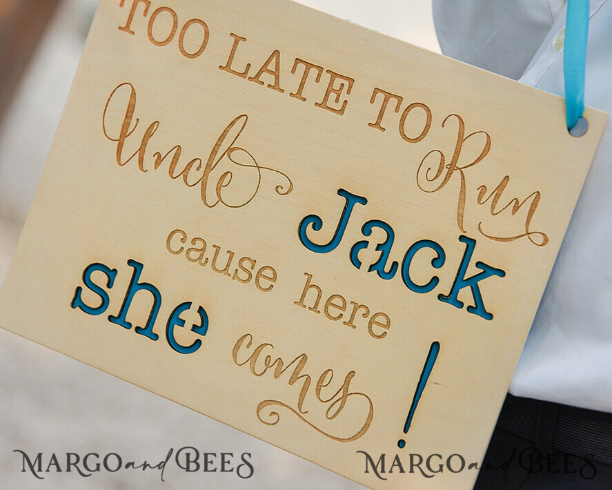 FLOWER GIRL / Page Boy SIGNS wood too late to run uncle cause here she comes Personalised wooden wedding sign, Wooden Page boy sign, Wood Engraved flower girl sign, flower girl wedding day sign, rustic wedding decor for flower girl, daddy here comes mummy, here comes the bride