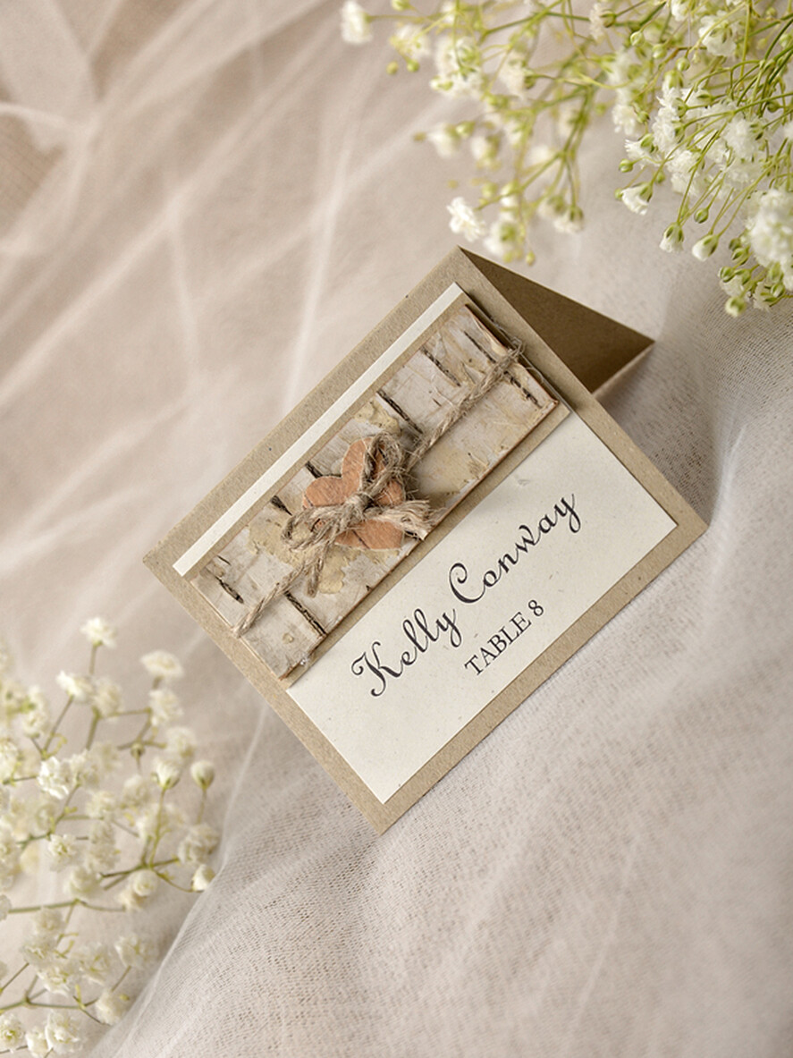 PLACE CARDS / TABLE CARDS Rustic Eco Wedding Place cards Romantic Eco Wedding Place Cards with Bark and Burlap Twine, Brown and Ivory Name Tags with Wooden Heart, Rustic Wedding Stationery, Elegant Wedding Place Cards