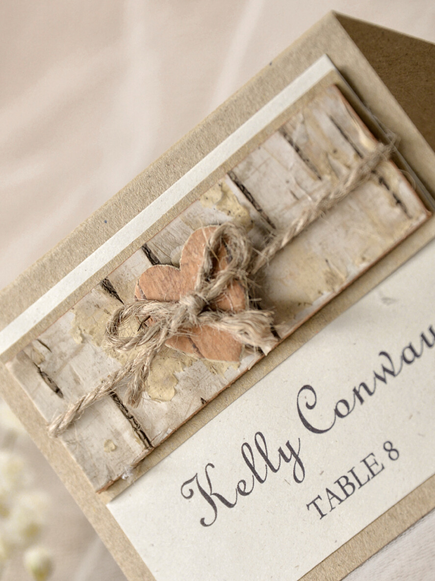 PLACE CARDS / TABLE CARDS Rustic Eco Wedding Place cards Romantic Eco Wedding Place Cards with Bark and Burlap Twine, Brown and Ivory Name Tags with Wooden Heart, Rustic Wedding Stationery, Elegant Wedding Place Cards