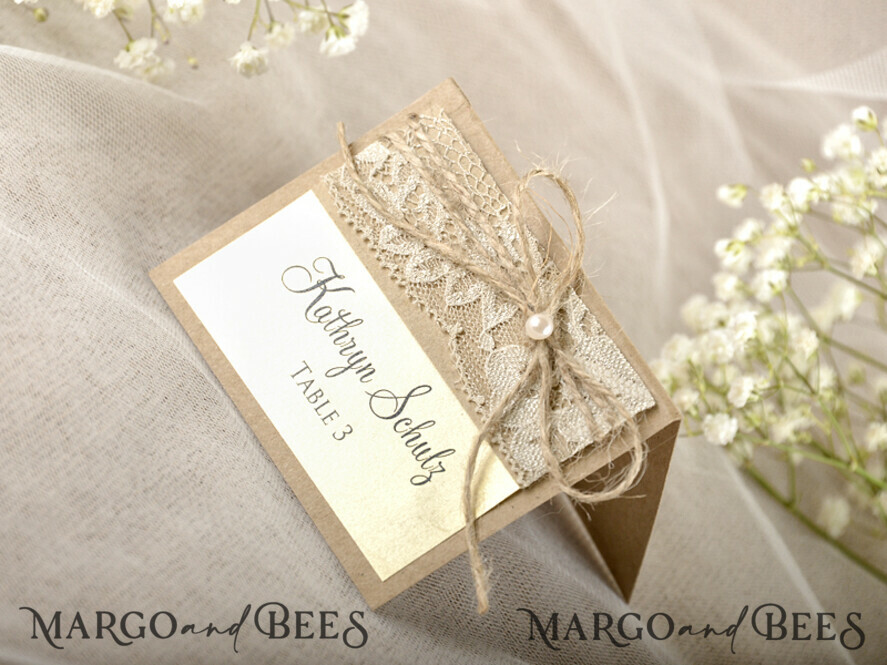 Shimmer Ecru Eco Wedding Place Cards Rustic Place Cards Lace and