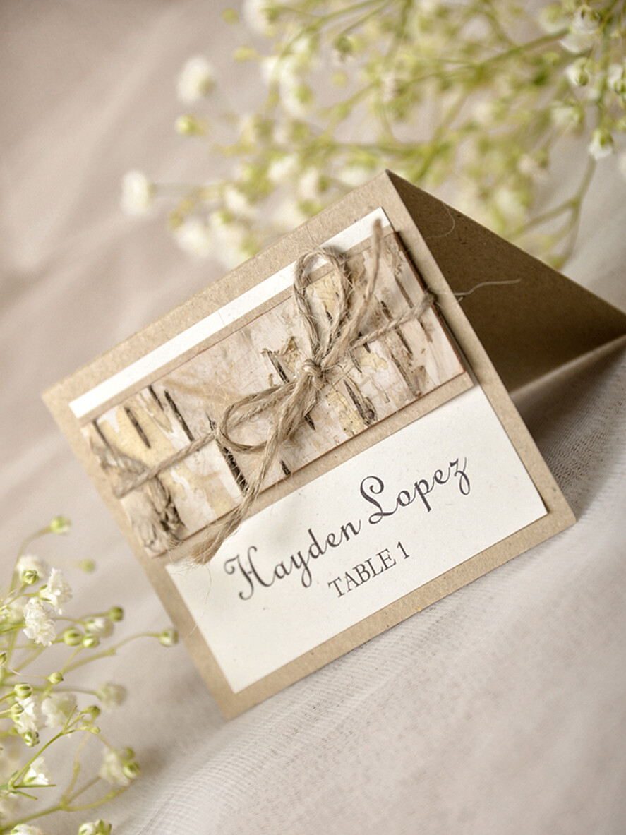 PLATZKARTEN / TISCHKARTEN  
 Rustikale Eco-Hochzeitsplatzkarten Öko-Hochzeitsplatzkarten mit Rinde und Jute-Schnur, weiße und braune Namensschilder, rustikale Hochzeitsstationery, elegante Hochzeitsplatzkarten, rustikale Tischkarten.