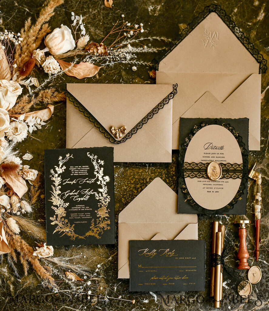 HOCHZEITS EINLADUNGEN vintage Spitze / rustikale Spitze Schwarze Spitze Personalisierte Goldene Hochzeitskarten Vintage Spitzen Einladungen gold