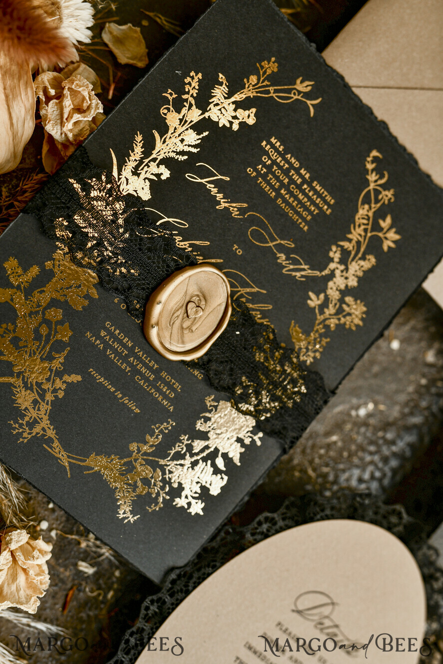 HOCHZEITS EINLADUNGEN vintage Spitze / rustikale Spitze Schwarze Spitze Personalisierte Goldene Hochzeitskarten Vintage Spitzen Einladungen gold