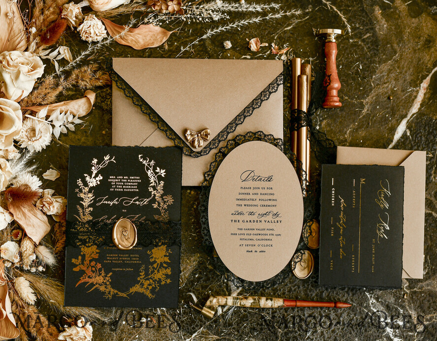 HOCHZEITS EINLADUNGEN vintage Spitze / rustikale Spitze Schwarze Spitze Personalisierte Goldene Hochzeitskarten Vintage Spitzen Einladungen gold