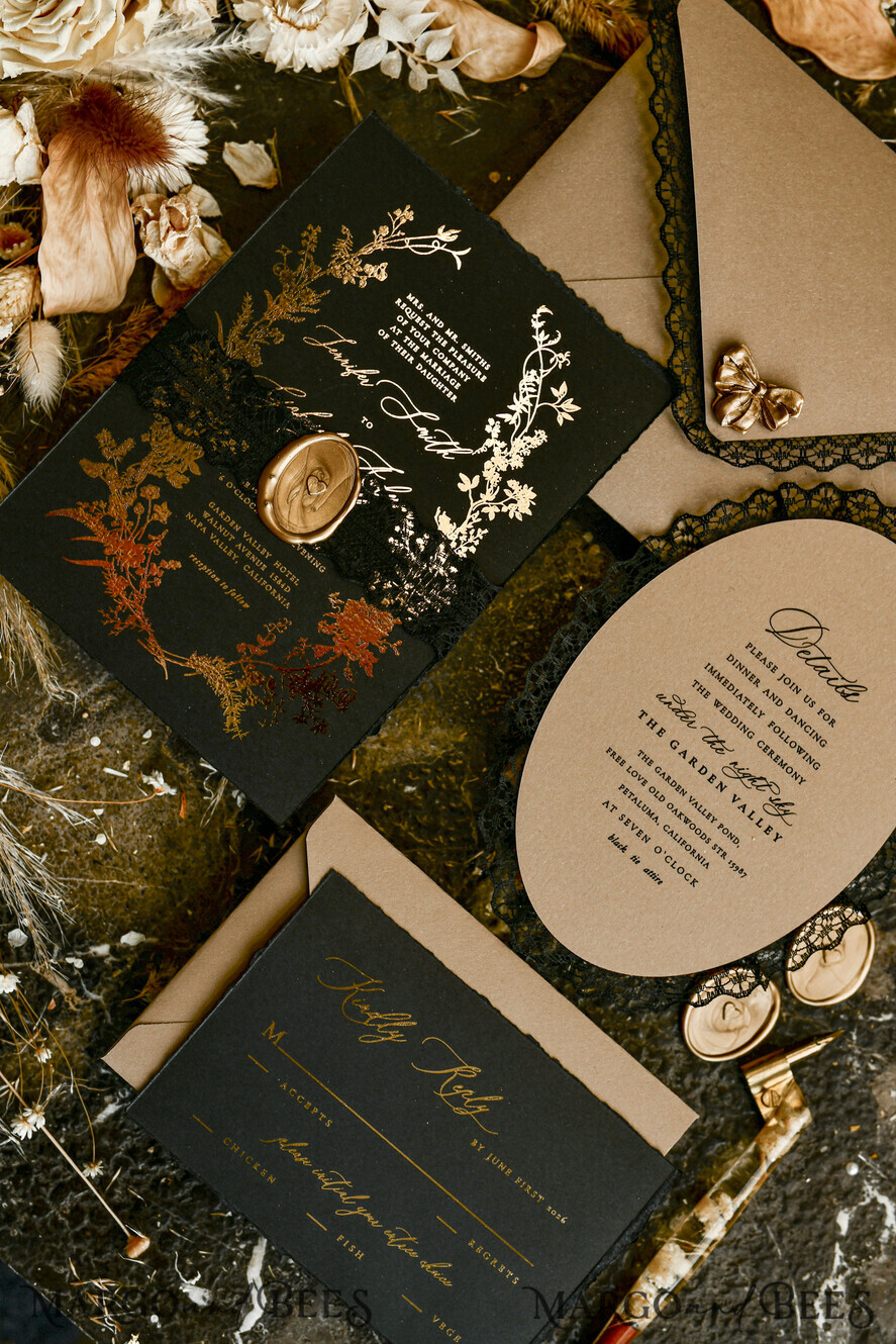 HOCHZEITS EINLADUNGEN vintage Spitze / rustikale Spitze Schwarze Spitze Personalisierte Goldene Hochzeitskarten Vintage Spitzen Einladungen gold