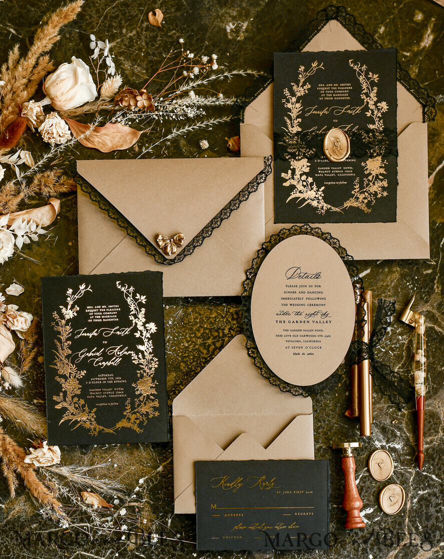HOCHZEITS EINLADUNGEN vintage Spitze / rustikale Spitze Schwarze Spitze Personalisierte Goldene Hochzeitskarten Vintage Spitzen Einladungen gold