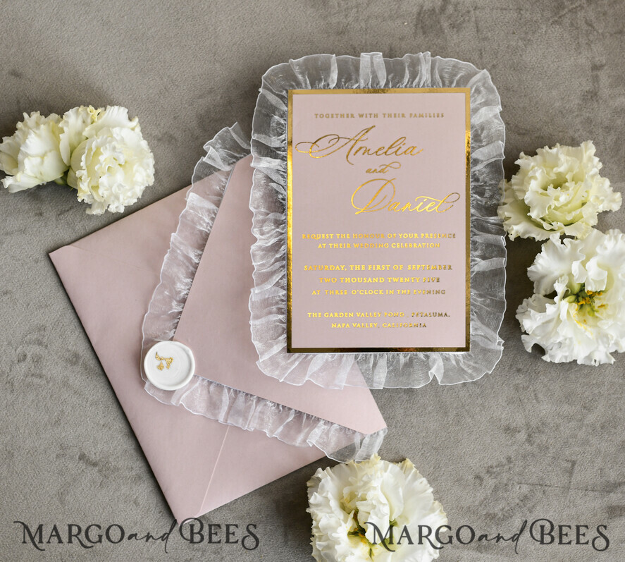 WEDDING INVITATIONS vintage lace/ rustic lace Personalized Golden Wedding invitations Vintage Lace Invites Ivory