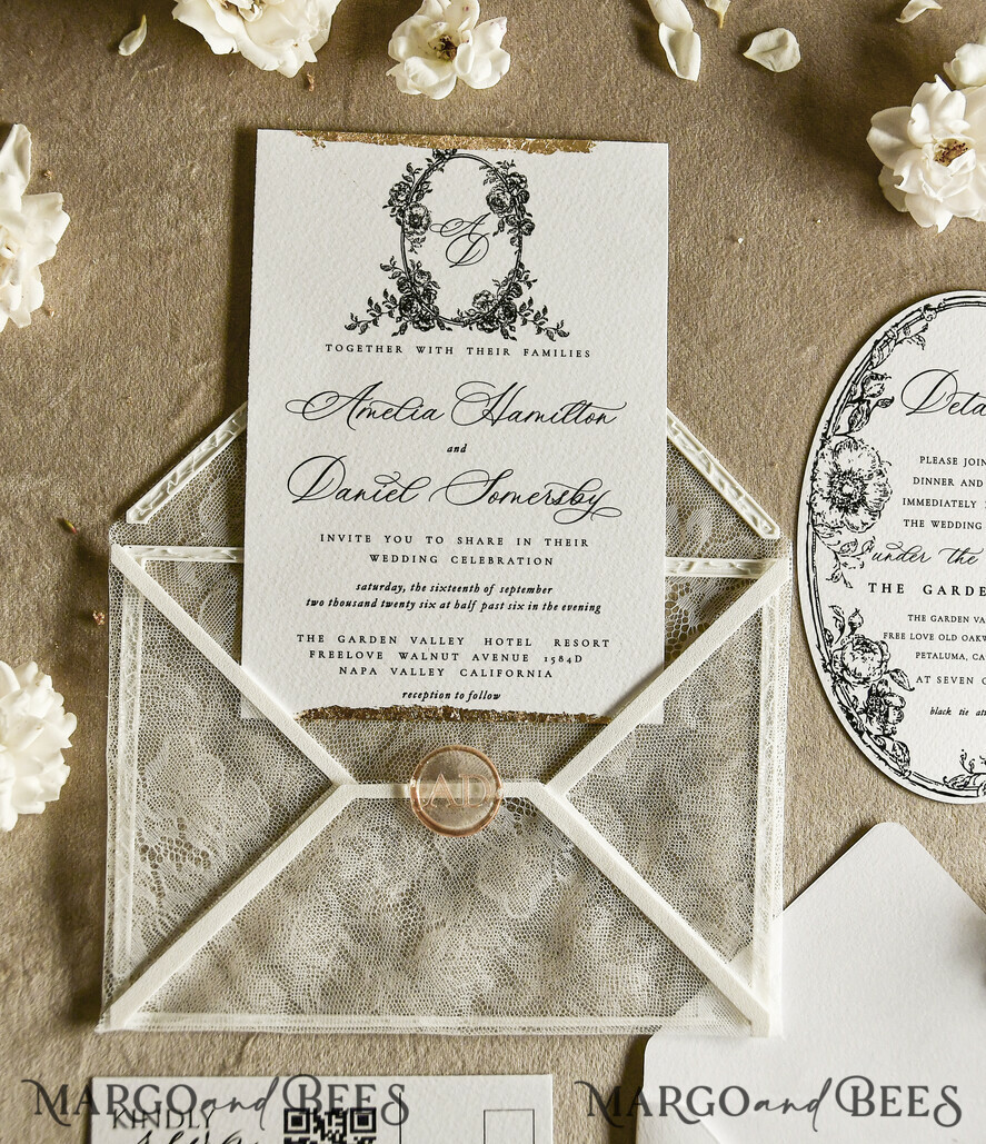 HOCHZEITS EINLADUNGEN vintage Spitze / rustikale Spitze Luxuriöse französische Spitze Hochzeitseinladungen Elegante elfenbeinfarbene Barock Hochzeitseinladung Suite