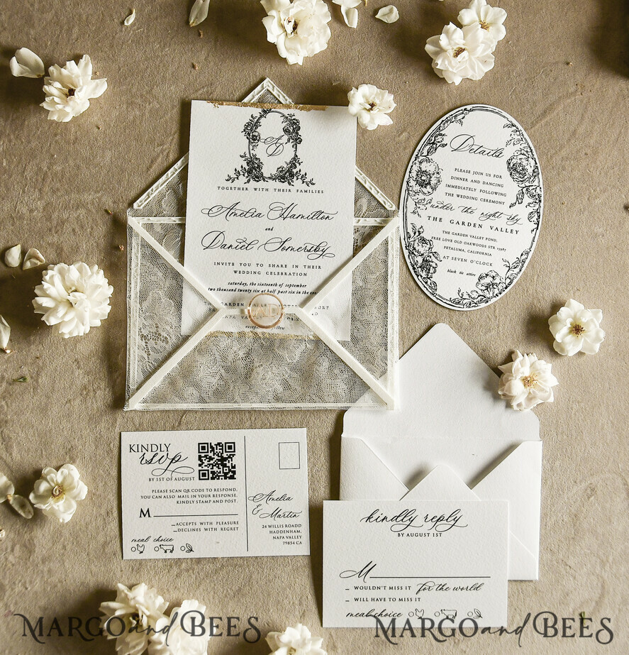 HOCHZEITS EINLADUNGEN vintage Spitze / rustikale Spitze Luxuriöse französische Spitze Hochzeitseinladungen Elegante elfenbeinfarbene Barock Hochzeitseinladung Suite
