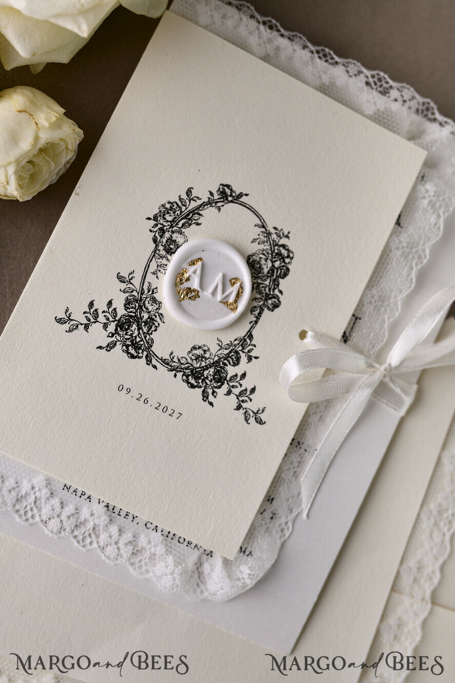 HOCHZEITS EINLADUNGEN vintage Spitze / rustikale Spitze Personalisierte Goldene Hochzeitseinladungen Vintage Spitze Einladungen Elfenbein