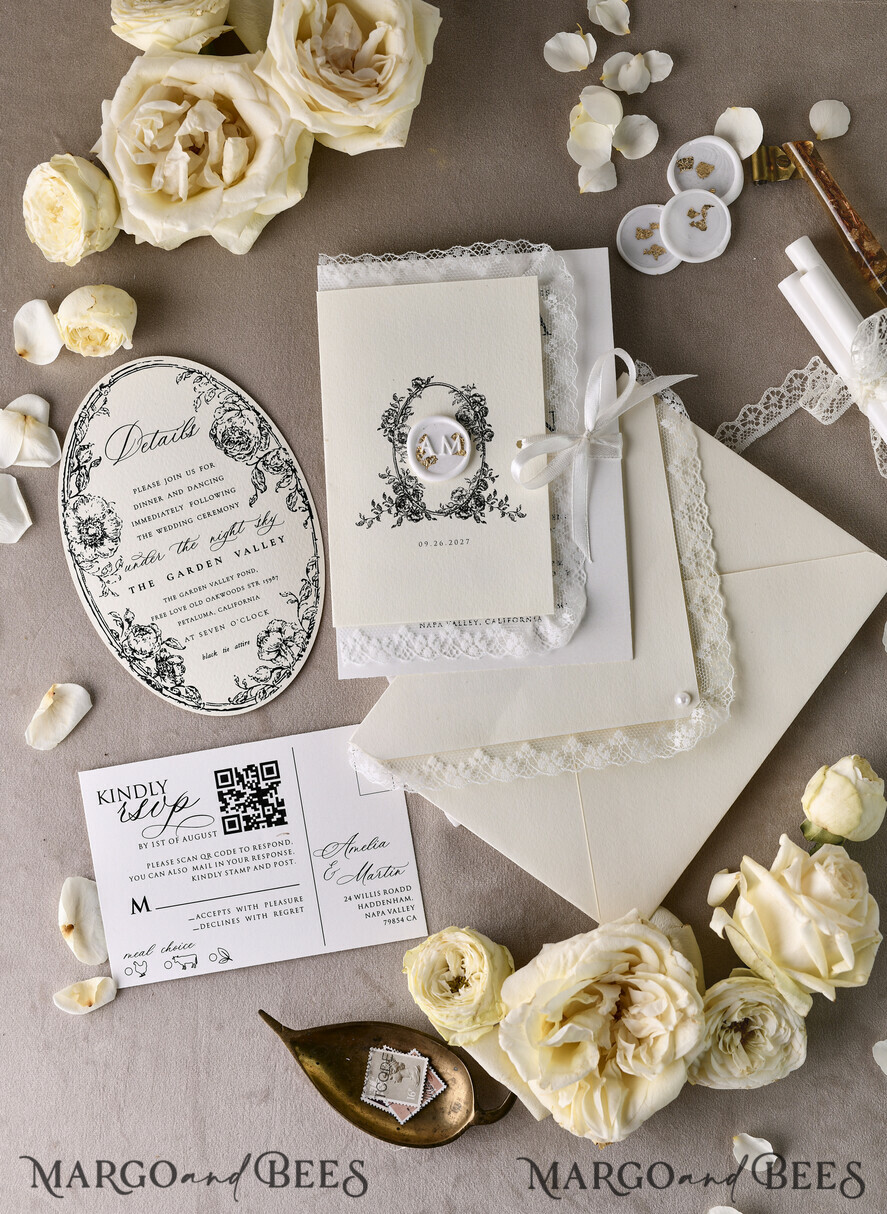 HOCHZEITS EINLADUNGEN vintage Spitze / rustikale Spitze Personalisierte Goldene Hochzeitseinladungen Vintage Spitze Einladungen Elfenbein