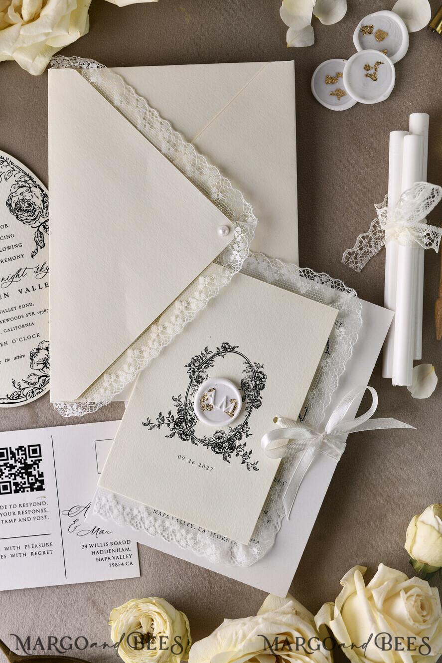 HOCHZEITS EINLADUNGEN vintage Spitze / rustikale Spitze Personalisierte Goldene Hochzeitseinladungen Vintage Spitze Einladungen Elfenbein