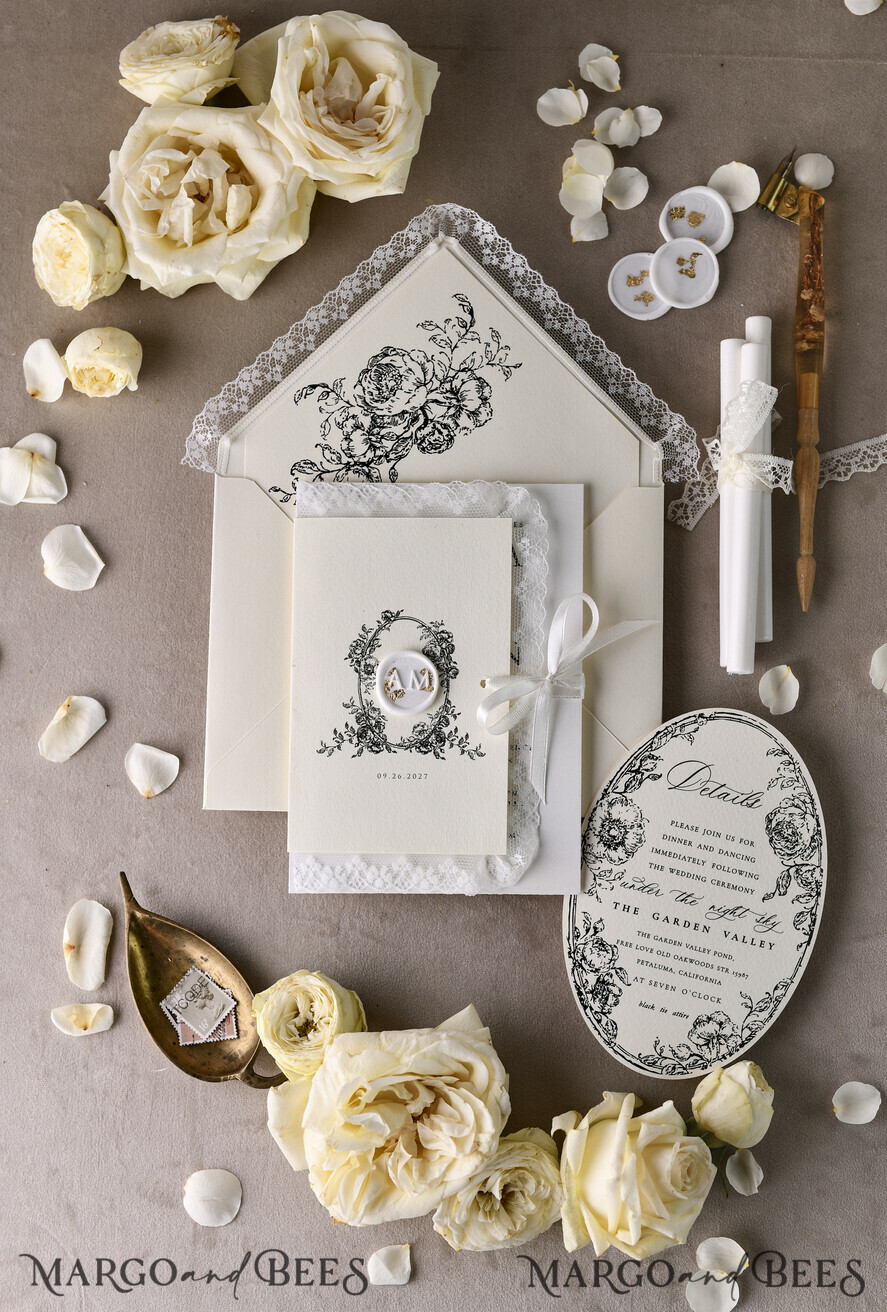 HOCHZEITS EINLADUNGEN vintage Spitze / rustikale Spitze Personalisierte Goldene Hochzeitseinladungen Vintage Spitze Einladungen Elfenbein
