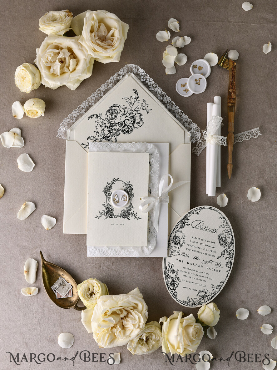 HOCHZEITS EINLADUNGEN vintage Spitze / rustikale Spitze Personalisierte Goldene Hochzeitseinladungen Vintage Spitze Einladungen Elfenbein