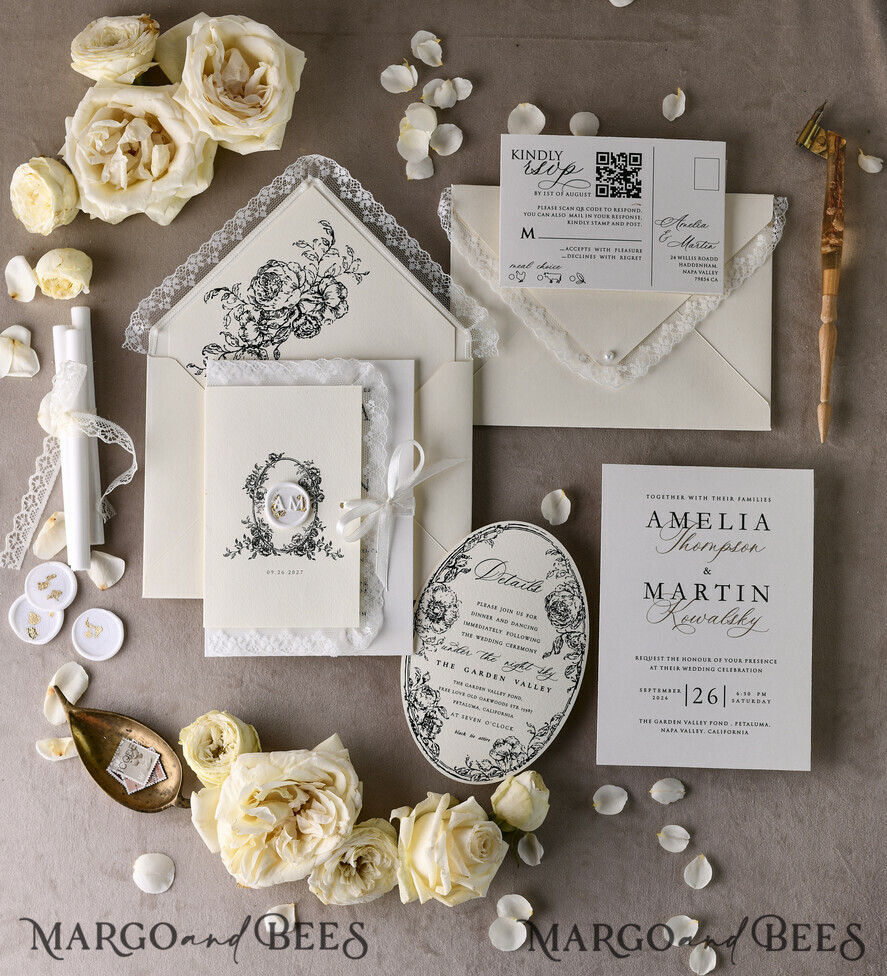 HOCHZEITS EINLADUNGEN vintage Spitze / rustikale Spitze Personalisierte Goldene Hochzeitseinladungen Vintage Spitze Einladungen Elfenbein
