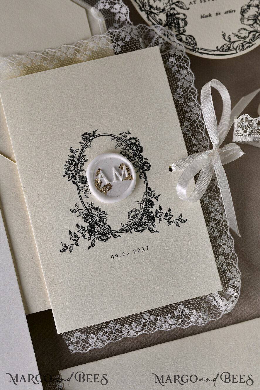 HOCHZEITS EINLADUNGEN vintage Spitze / rustikale Spitze Personalisierte Goldene Hochzeitseinladungen Vintage Spitze Einladungen Elfenbein