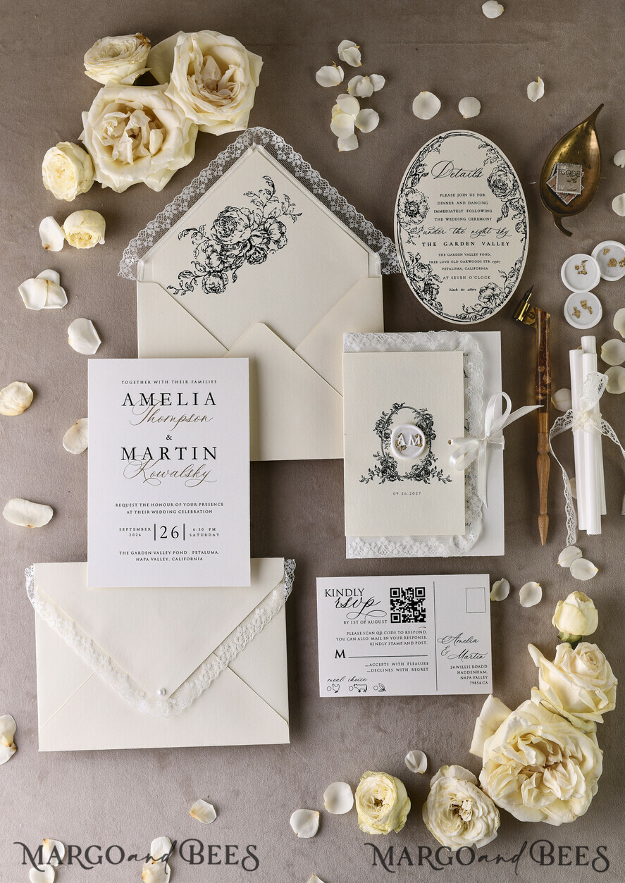 HOCHZEITS EINLADUNGEN vintage Spitze / rustikale Spitze Personalisierte Goldene Hochzeitseinladungen Vintage Spitze Einladungen Elfenbein