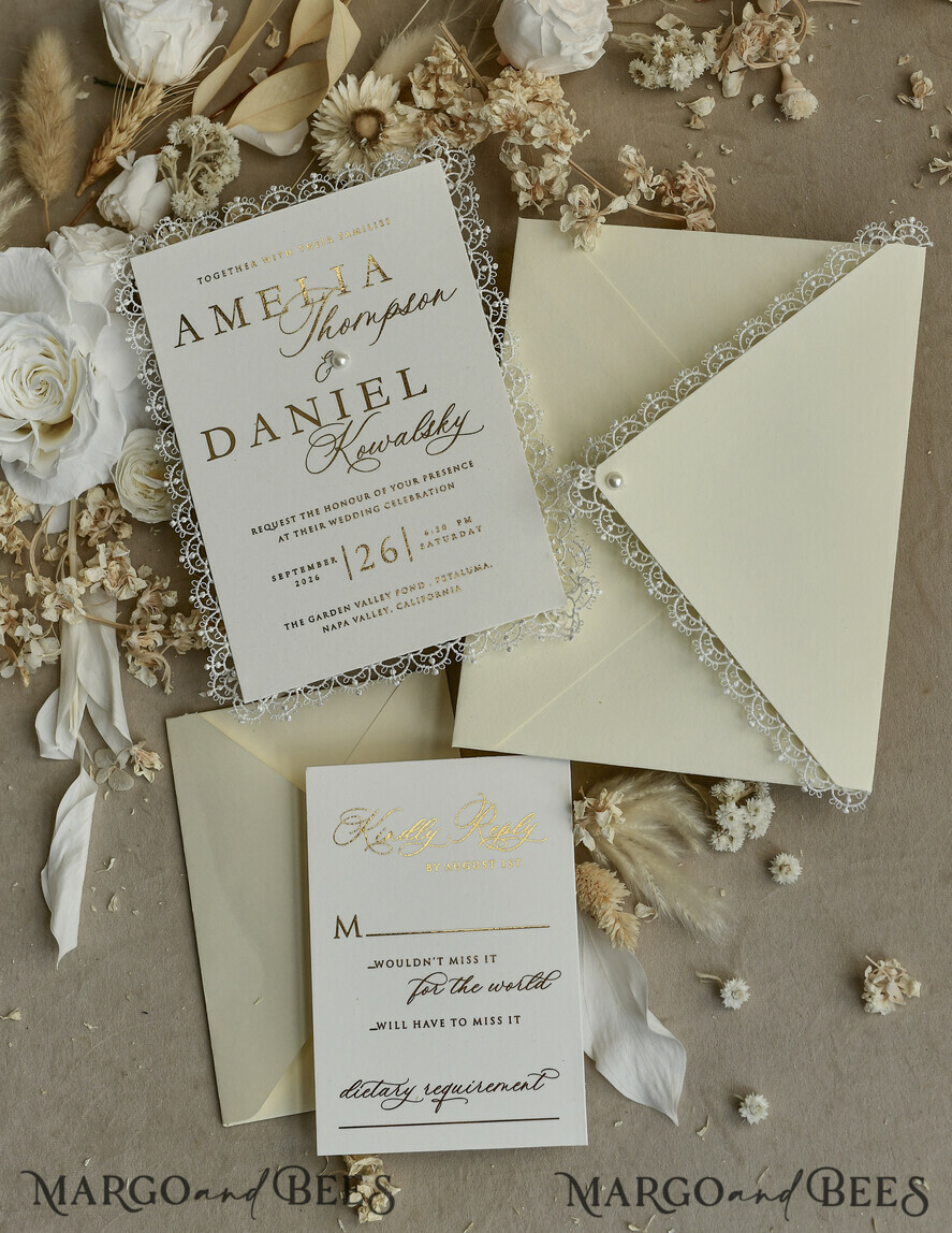 HOCHZEITS EINLADUNGEN vintage Spitze / rustikale Spitze Personalisierte Einladungen zur Goldenen Hochzeit Vintage Spitze Einladungen Elfenbein