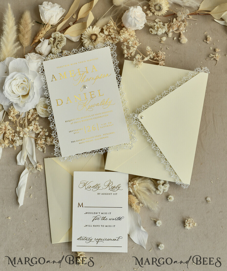 HOCHZEITS EINLADUNGEN vintage Spitze / rustikale Spitze Personalisierte Einladungen zur Goldenen Hochzeit Vintage Spitze Einladungen Elfenbein
