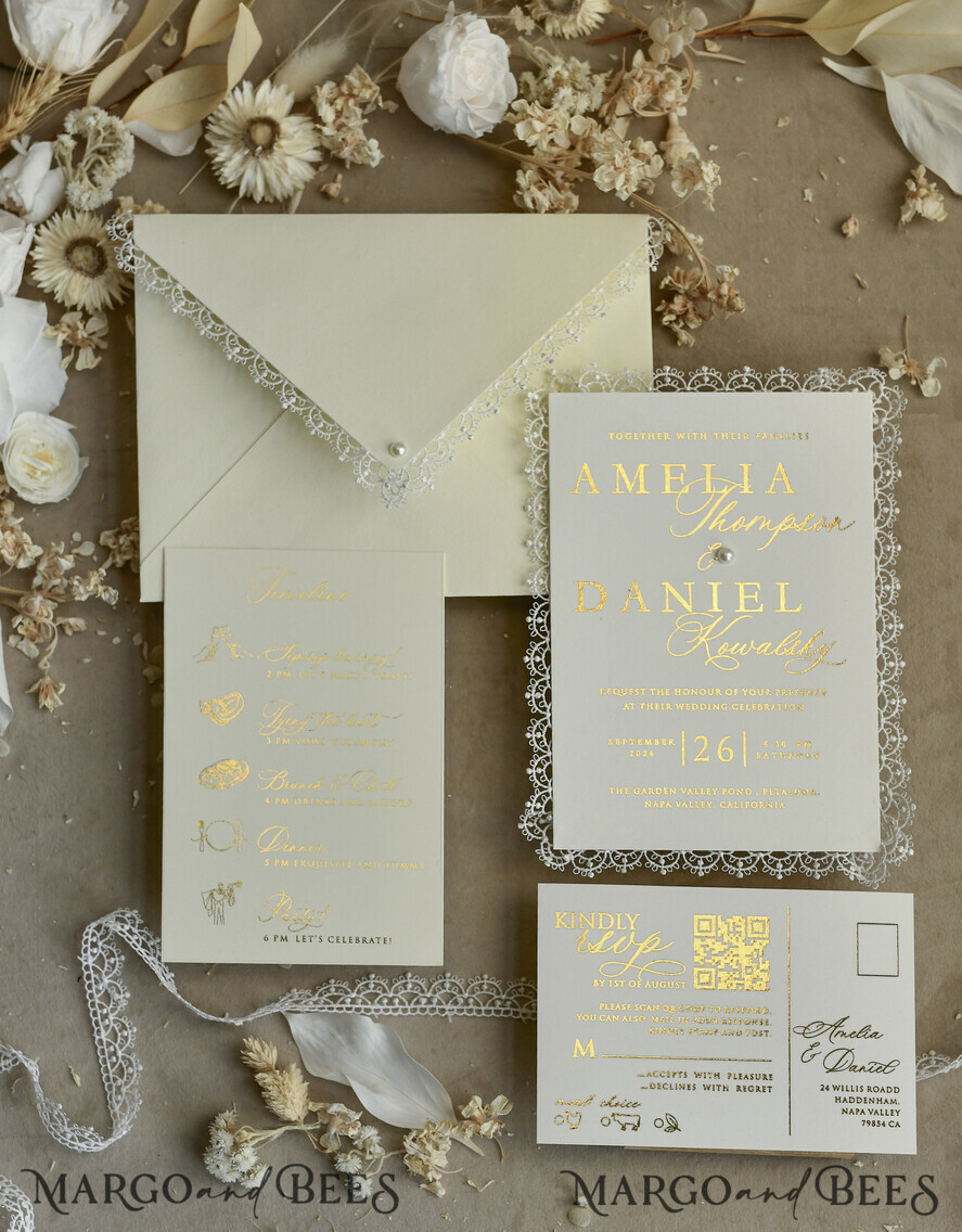HOCHZEITS EINLADUNGEN vintage Spitze / rustikale Spitze Personalisierte Einladungen zur Goldenen Hochzeit Vintage Spitze Einladungen Elfenbein