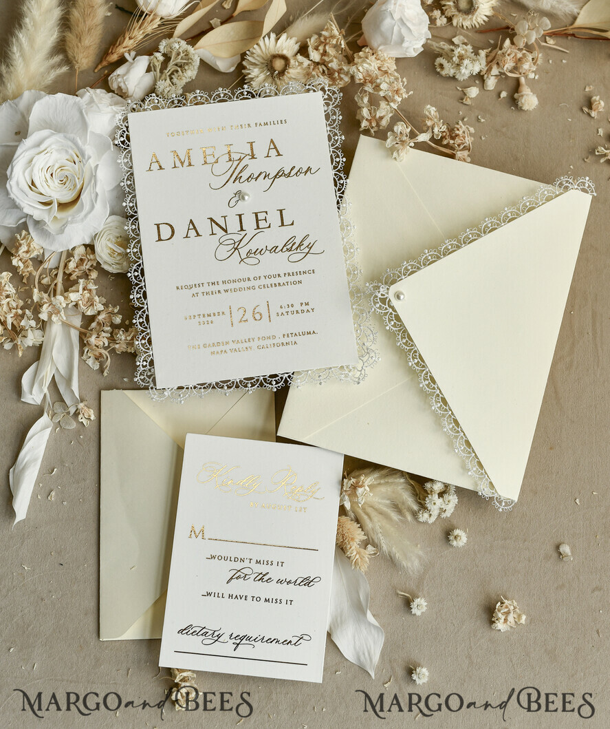 HOCHZEITS EINLADUNGEN vintage Spitze / rustikale Spitze Personalisierte Einladungen zur Goldenen Hochzeit Vintage Spitze Einladungen Elfenbein