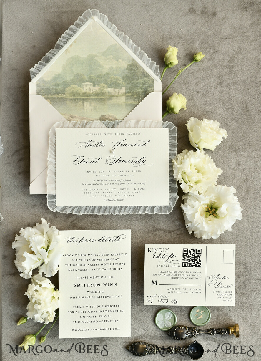 WEDDING INVITATIONS vintage lace/ rustic lace Personalized ivory Wedding invitations Vintage Lace Invites Sage green 
