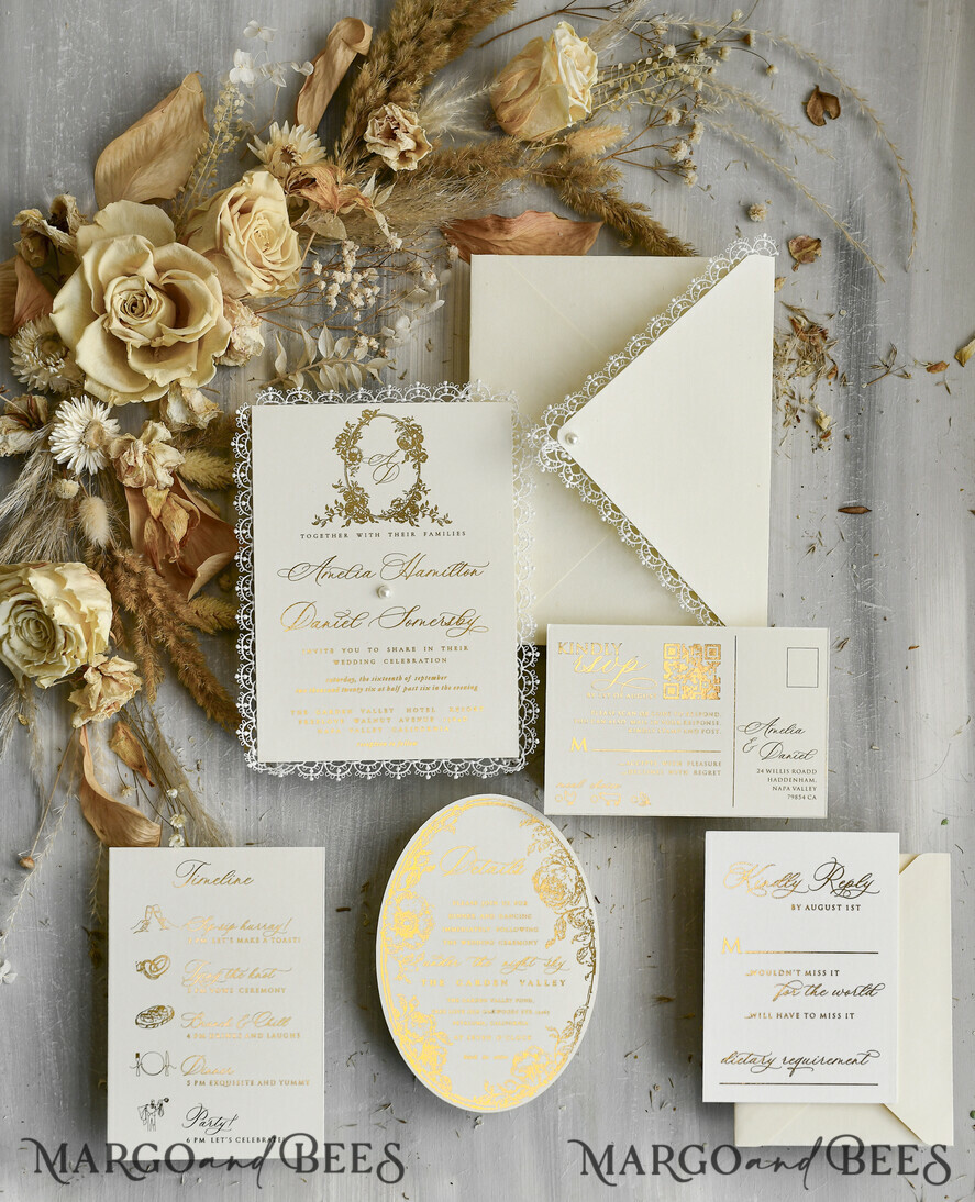 HOCHZEITS EINLADUNGEN vintage Spitze / rustikale Spitze Personalisierte Einladungen zur Goldenen Hochzeit Vintage Spitze Einladungen Elfenbein